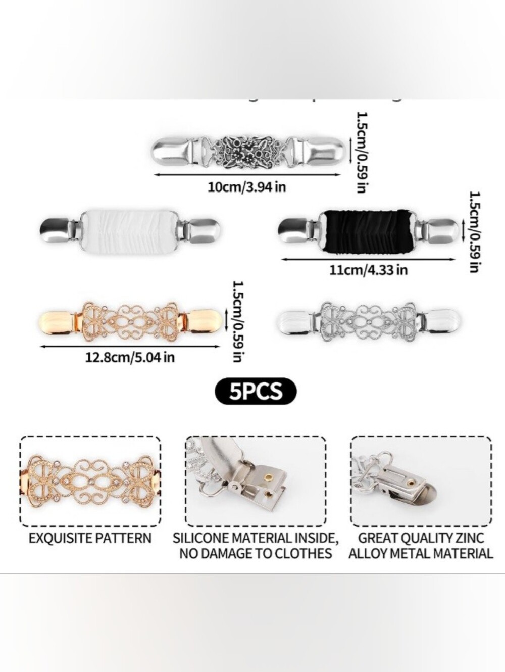 5-Pack Womens Sweater Clips - Silver, Gold, White, Black